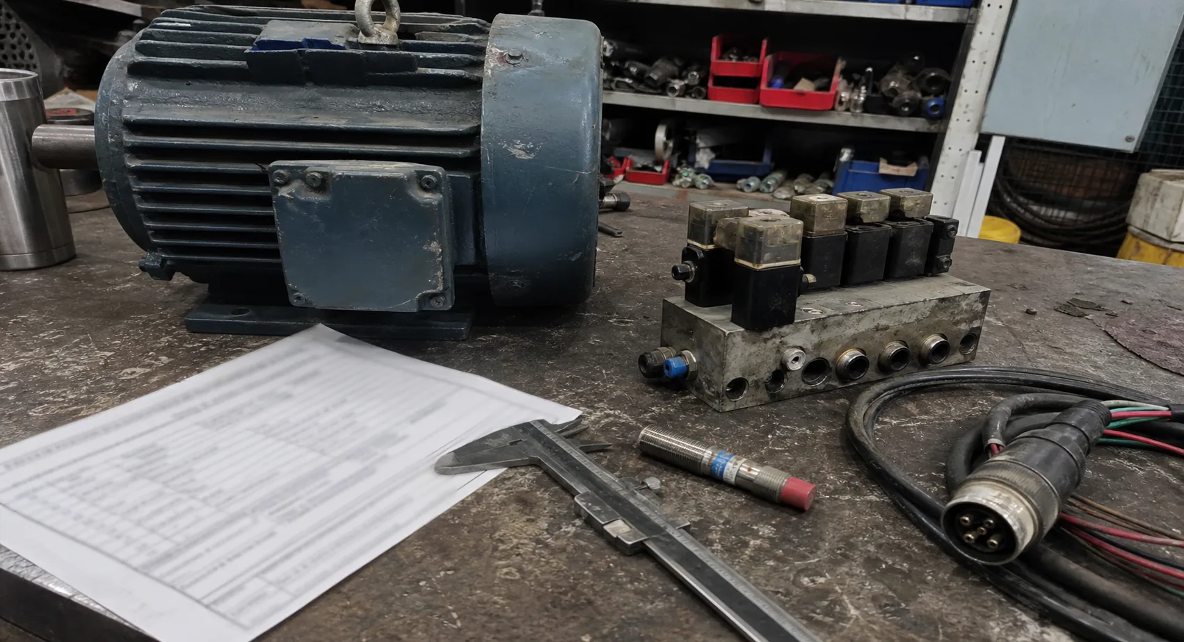 Industrial motor, pneumatic valve block and RFQ paperwork on a maintenance workbench