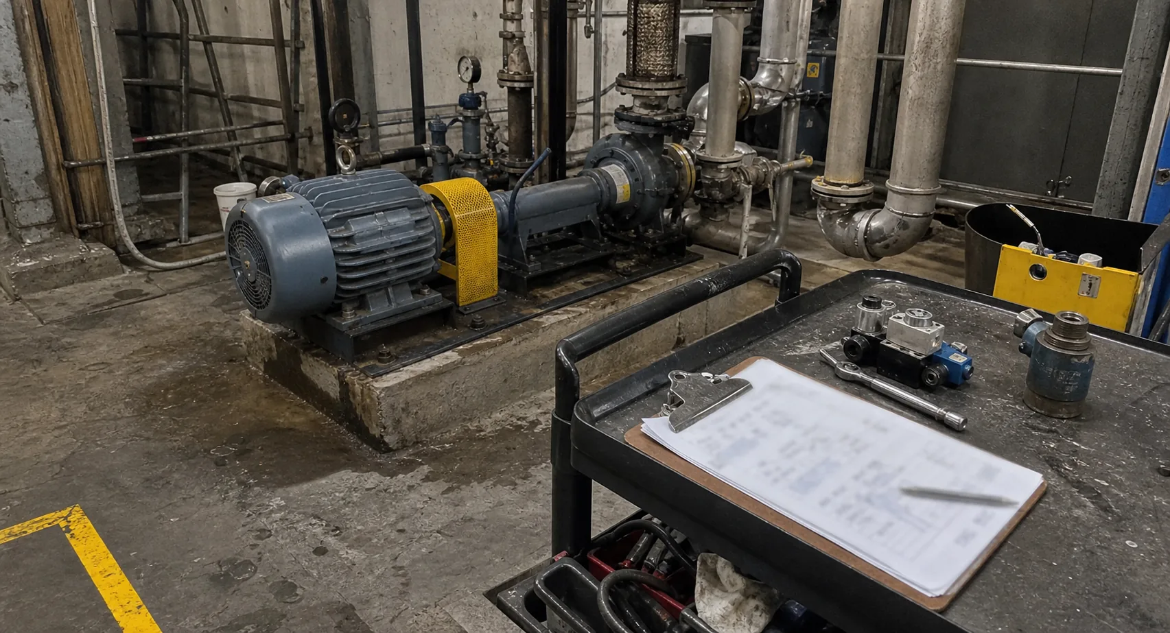 Industrial maintenance area with pump, motor assembly and inspection paperwork