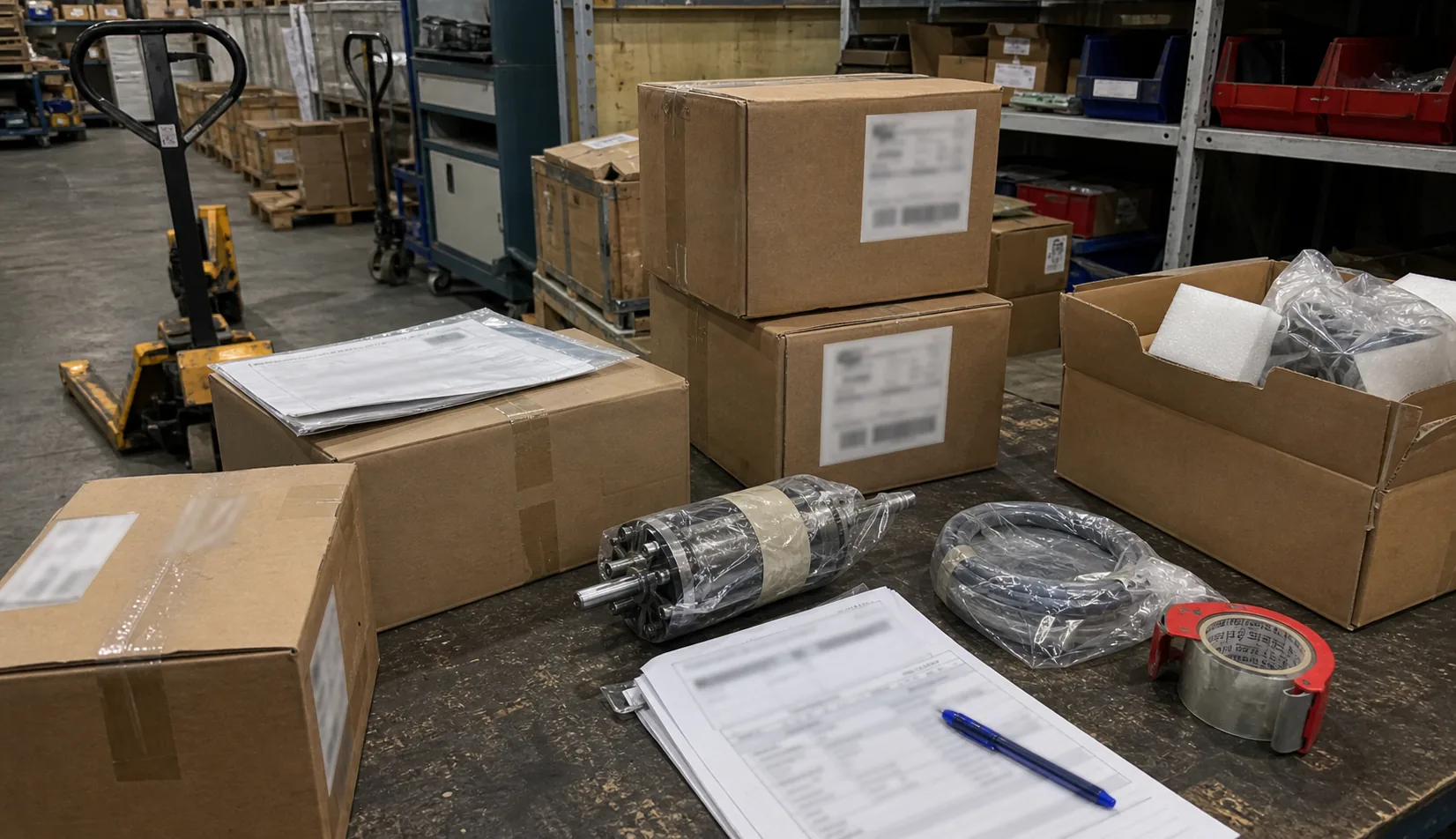 Industrial parts prepared for shipment in a warehouse packing area